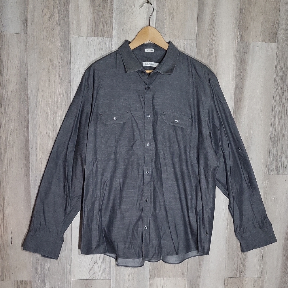 Calvin Klein‎ Mens XXL Button Down Shirt Dark Grey Collared Cotton Designer